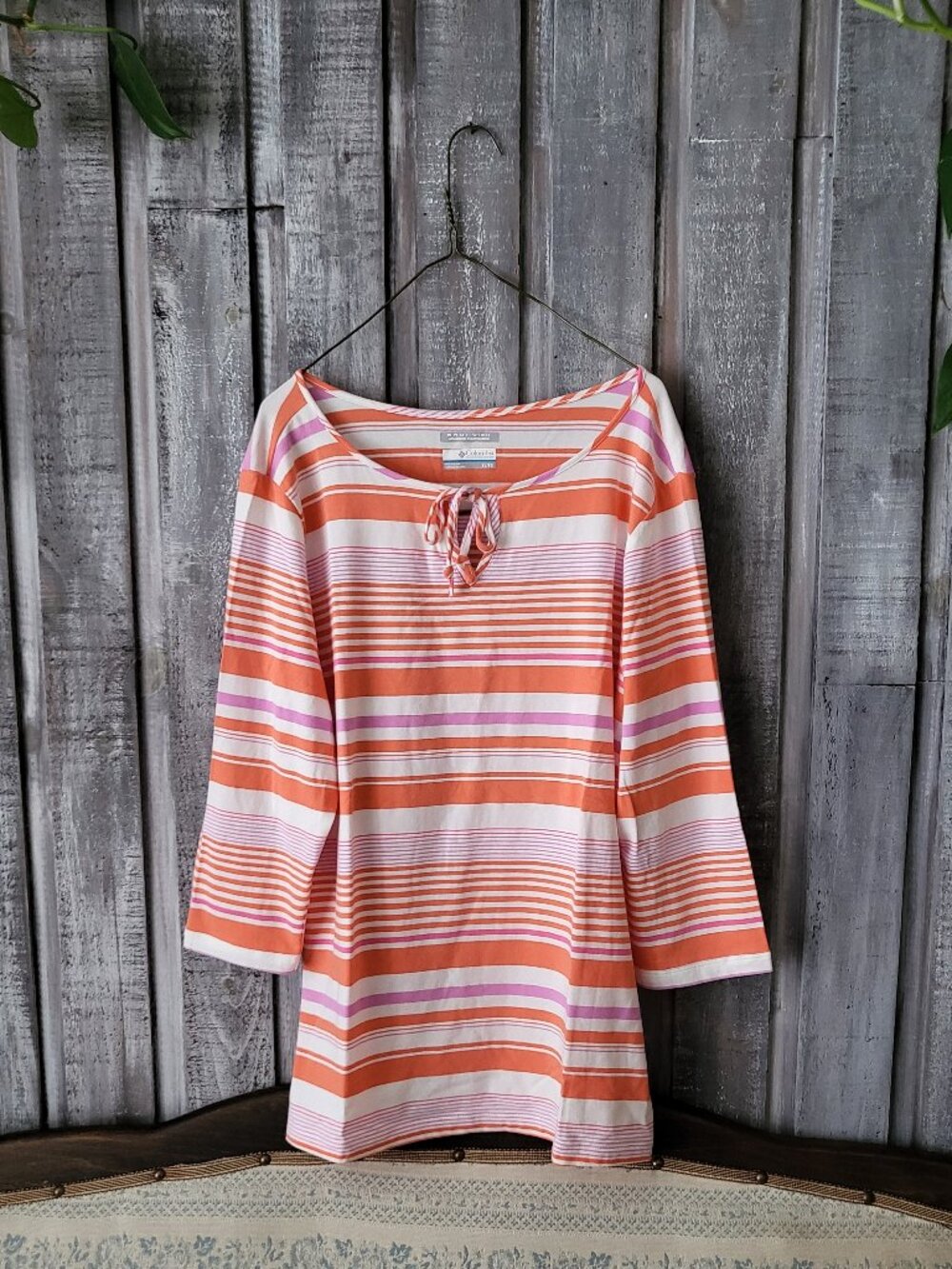 Columbia Omni Wick Striped 3/4 Sleeve Keyhole Tie Neck Top Orange XL